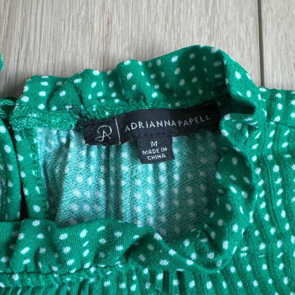 Adrianna Papell Green Polka Dot Ruffle Neck Long Sleeve Blouse Top‎ M - Picture 4 of 9